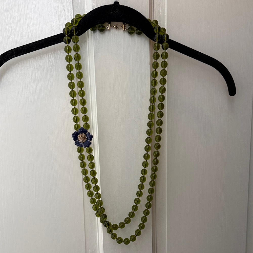 J. Crew Olive Green Double-Strand Beaded Necklace with Blue Flower Accent